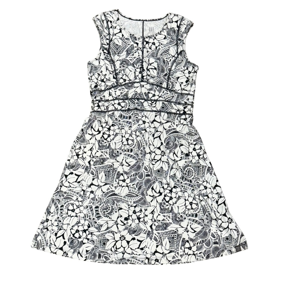 Title Nine Dream Dress Print Oahu Black White Floral Sleeveless A-Line Medium
